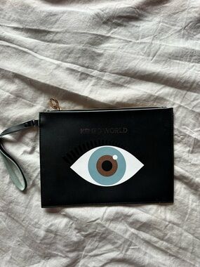 Kenzo World Eye Leather Clutch Wristlet Black Statement Designer Pouch